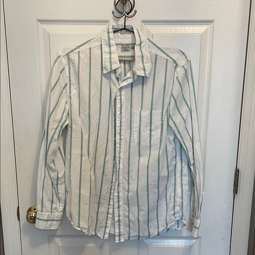 J. Crew White and Green Striped Men's Shirt